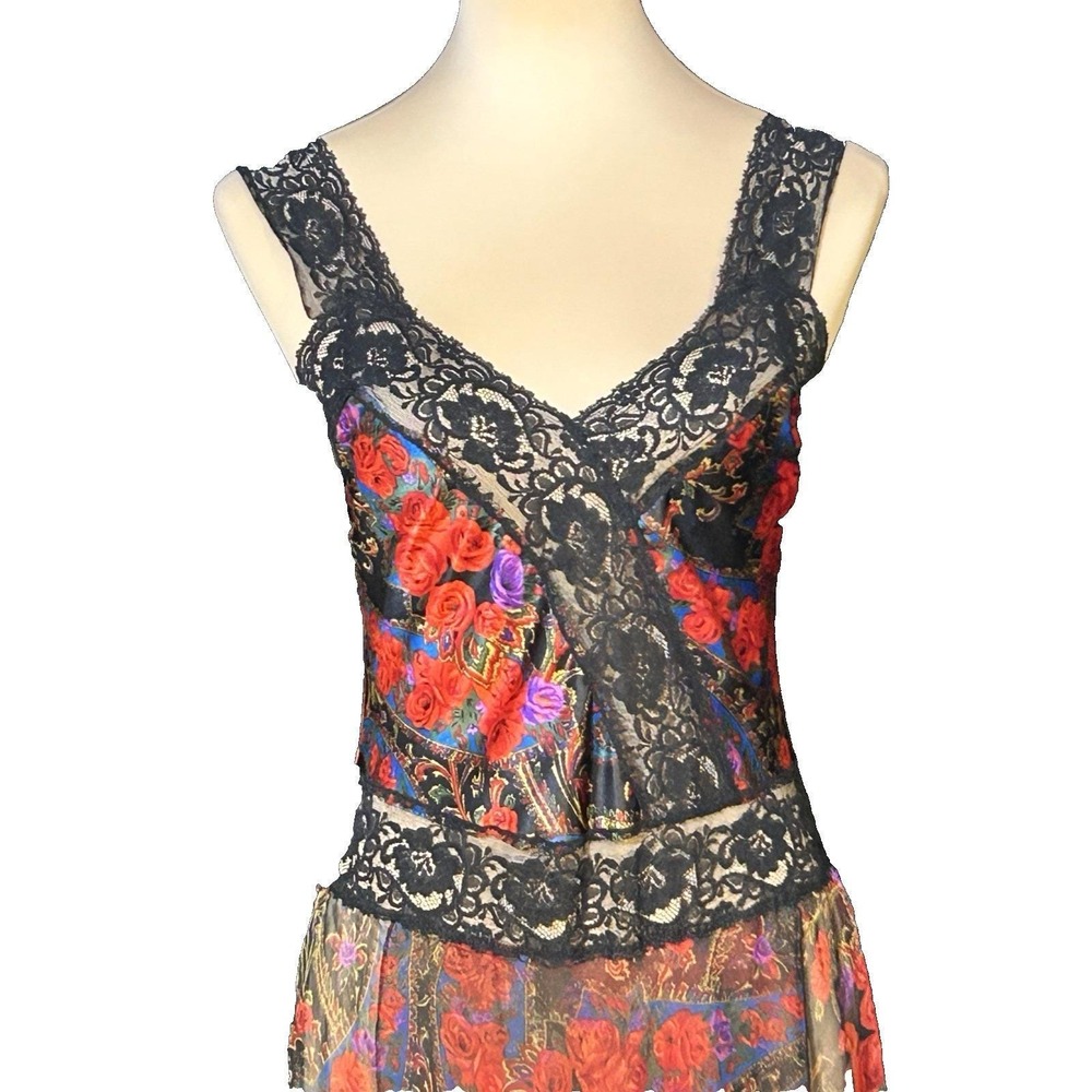 Vtg Victorias Secret ? 1990s Satin & Sheer Chiffon Floral Paisley Lace Maxi Slip - Picture 2 of 6